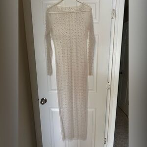 Sheer rhinestone & pearl long sleeve swim cover up